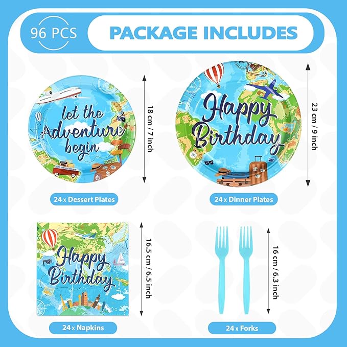 96Pcs Adventure Awaits Birthday Decorations Let The Adventure Begin Plates and Napkins Travel Theme Birthday Decor for Kids Boys World Map Graduation Travel Bday Baby Shower Party Supplies Serves 24