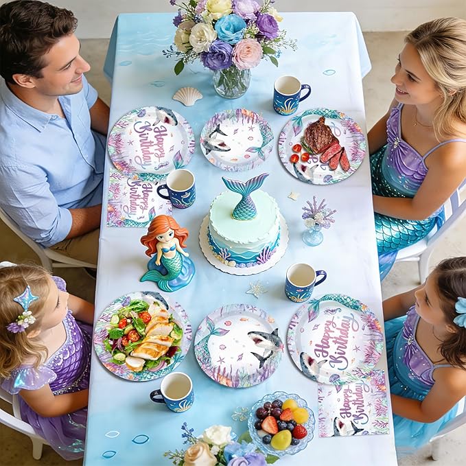 96Pcs Mermaid Shark Happy Birthday Decorations Ocean Sea Plates and Napkins Disposable Mermaid Shark Bday Paper Tableware for Girls Baby Kids Boys Birthday Baby Shower Bday Party Supplies Serves 24