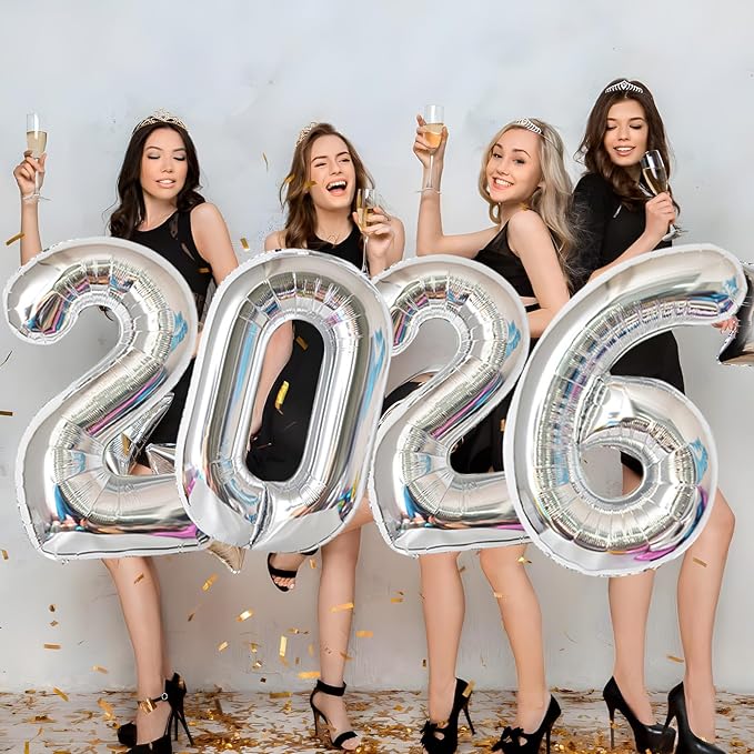 KALOR 32 Inch 2026 Silver Foil Number Balloons, 2026 New Years Decorations for 2026 Happy New Year Eve and Graduations Party Supplies