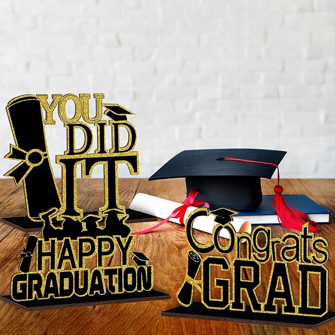 4 Pcs KSKSPE Graduation Decorations Party Supplies Table Centerpieces,Graduation Theme Design and Sturdy Wooden for Graduation Party Favors Decorations,Black