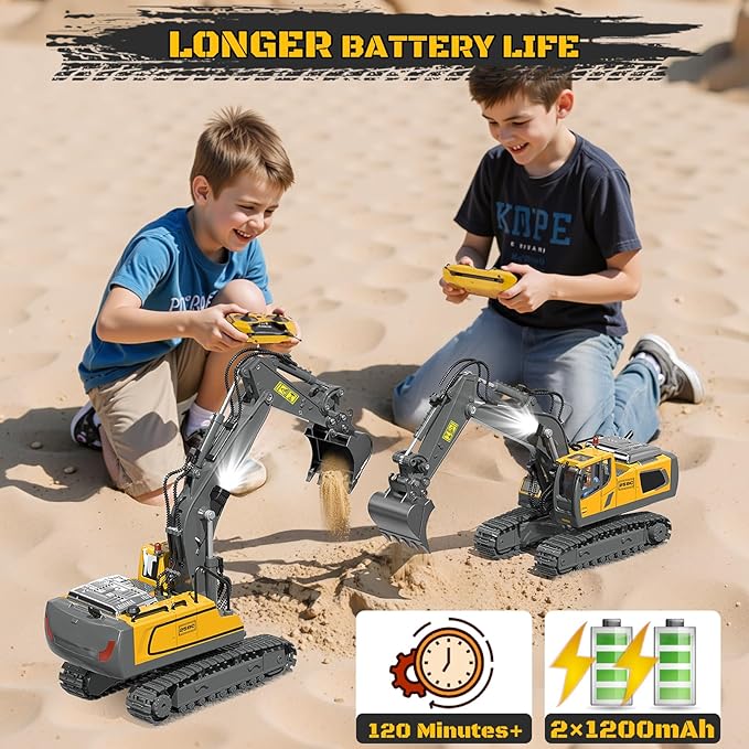 Remote Control Excavator Toy RC Play Excavator Construction Vehicles, 11CH 2.4Ghz RC Sand Digger with Metal Shovel & Light, Construction Truck Toys for Boys 3 4 5 6 7 8-12 Year Old Kids Birthday Gifts