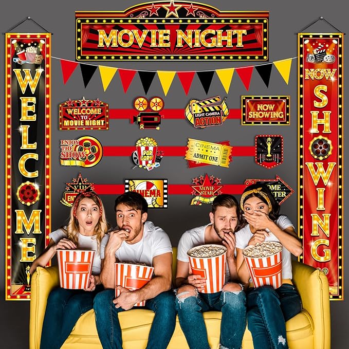 ShinyRelief 14 Pcs Movie Night Decorations Set Welcome Now Showing Door Banners Movie Theme Directional Signs for Home Film Red Carpet Event Awards Night Background Ceremony Party Supplies