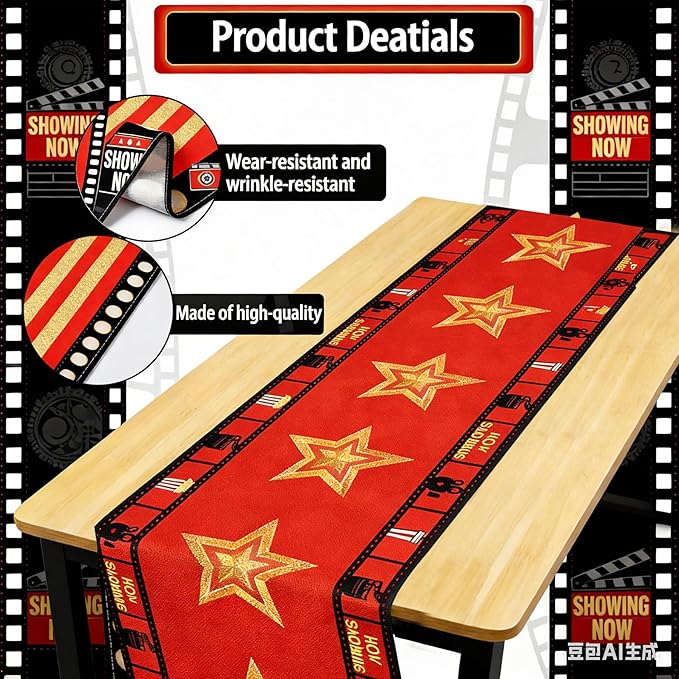 2 Pcs 13 x 72 Inch Movie Night Table Runner for Movie Night Decorations Supplies Birthday Party Decorations Movie Theme Party Decorations with Gold Star Design