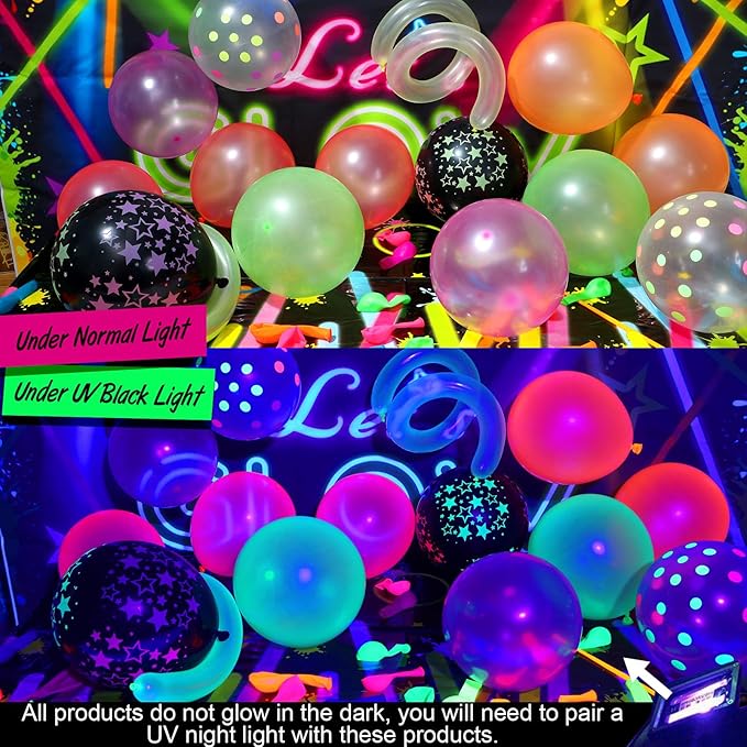 161Pcs Neon Party Decorations Glow in the Dark Birthday Supplies Neon Balloon Arch Kit & Backdrop Tablecloth UV Blacklight Luminous Glow Balloons Kids Teen Adult Rainbow 80s 90s Disco Party Decor