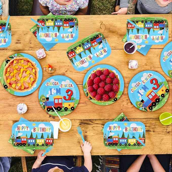 96 Pcs Train 3rd Birthday Party Decorations Chugga Chugga I'm 3 Plates and Napkins Disposable Railroad Transportation Tableware Set for Kids Train Theme 3 Years Old Birthday Party Supplies Serves 24