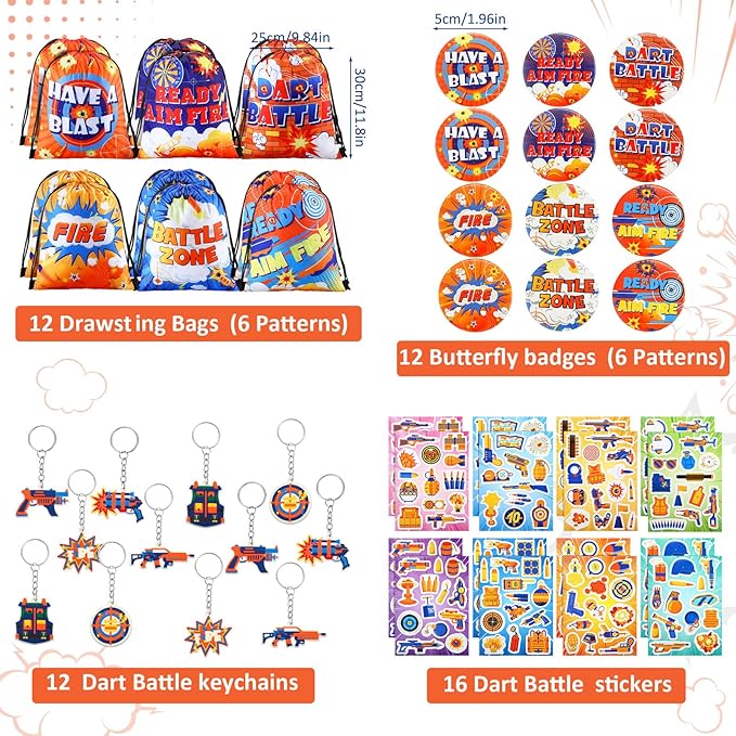 110 Pcs Dart Battle Party Favors Back to School Gifts Includes Dart Party Favor Bags Silicone Wristbands Badges Notebook Keychain Stickers Bendable Pencil for Birthday