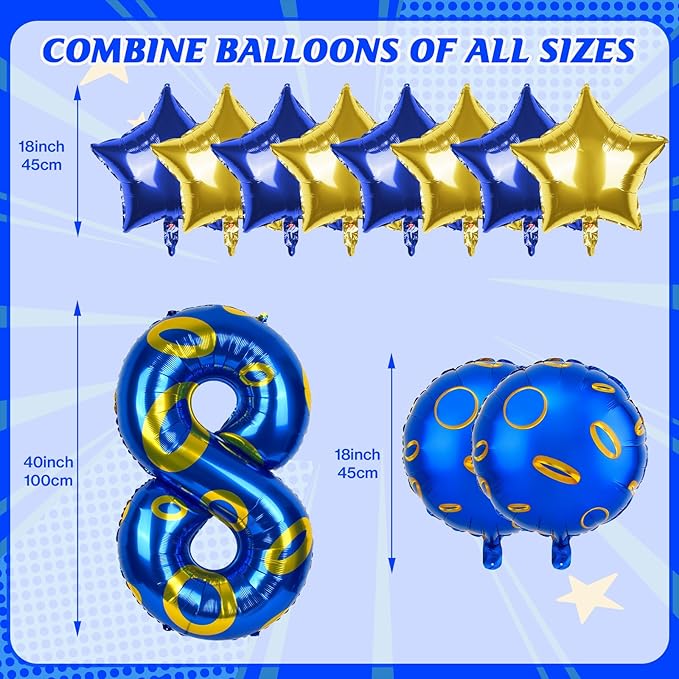 40 Inch Blue and Golden Ring Themed Number Balloon, Number Block Foil Number 8 Balloons Large Big Numbers Helium Balloon for Girls Boys 8th Birthday Theme Party Decorations (Number 8)