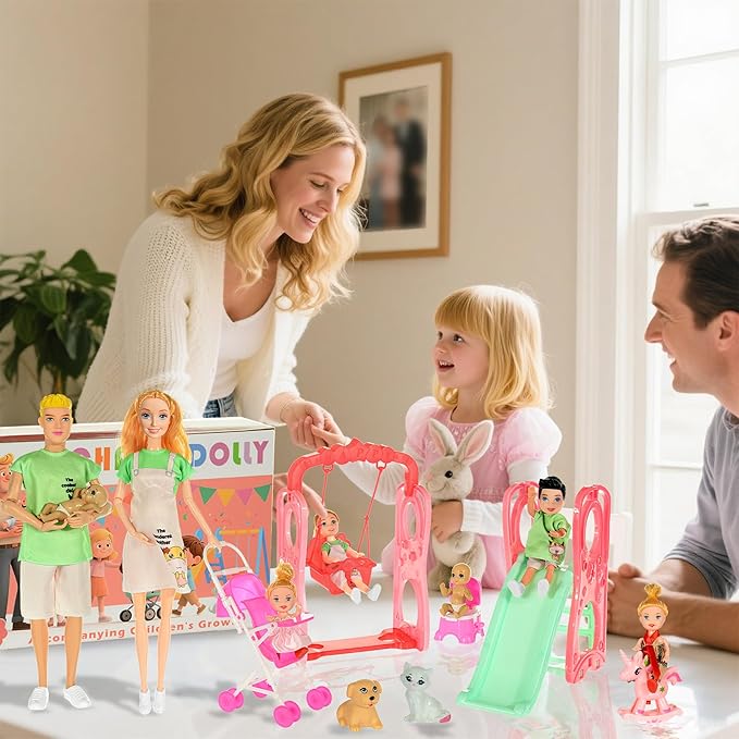 ebuddy Family Dolls Playset with Slide Swing and Baby Stroller - 7 People, Pets & Accessories for 3-12 Years Old Toddler Gift