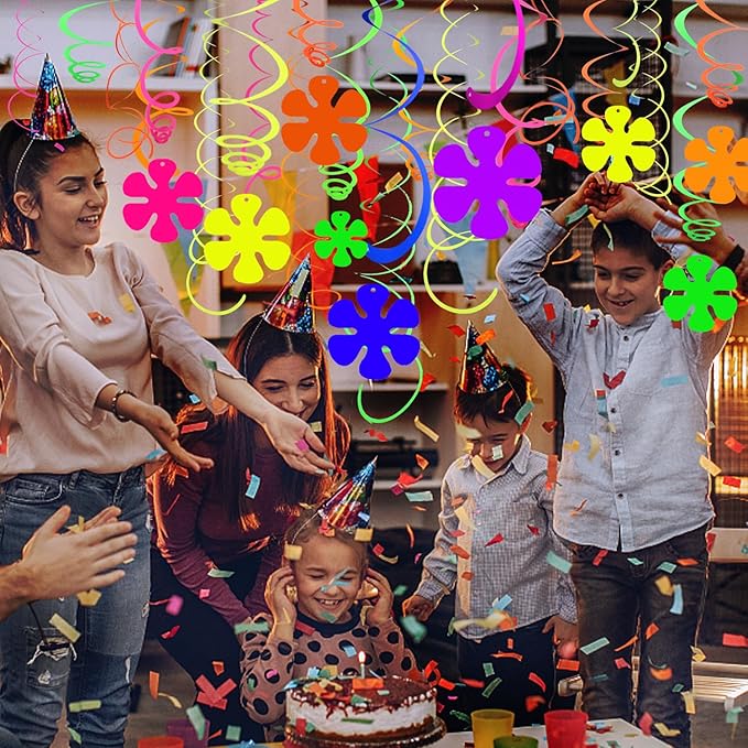 56 Pcs Windmill Flower Ceiling Swirl Decorations Glow in The Dark Party Supplies Flower Neon Hanging Streamers Neon Garlands UV Black Light Neon Party Decorations for Dark Birthday Neon Party Favors