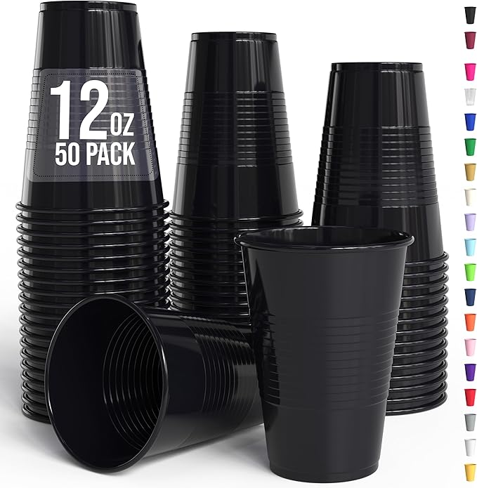 Exquisite Party Solids 12 Oz Black Plastic Cups For Party Supplies 50 Pack | Black Disposable Cups Plastic | Disposable Drinkware For Parties, Events & Everyday
