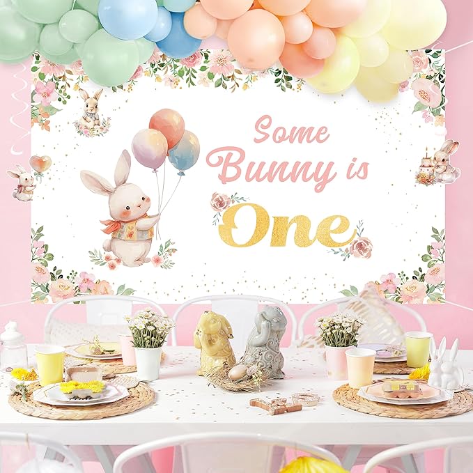 Some Bunny is One Decorations, 142PCS First Birthday Decorations with Backdrop, Hanging Swirls Ceiling Decoration and Balloons for Girl Rabbit Themed Party