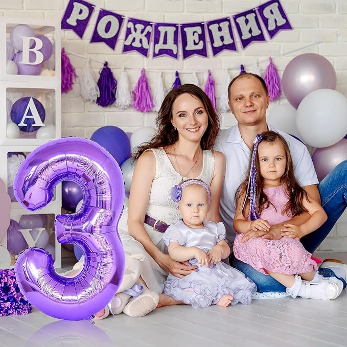 3rd Birthday Number Balloons for Kids, Self Inflating 40 Inch Purple Foil Balllons, Large Number 3 Balloons for Women 30th Birthday Party Bridal Shower Anniversary Graduation Party Decor Girl Supplies