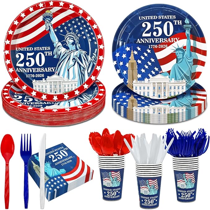 168PCS 4th of July Decorations 250th Anniversary Patriotic Party Supplies American Flag Tableware Set Plates Napkins Cups Knives Forks Spoon Red White Blue Decor for Memorial Independence Day Serve 24