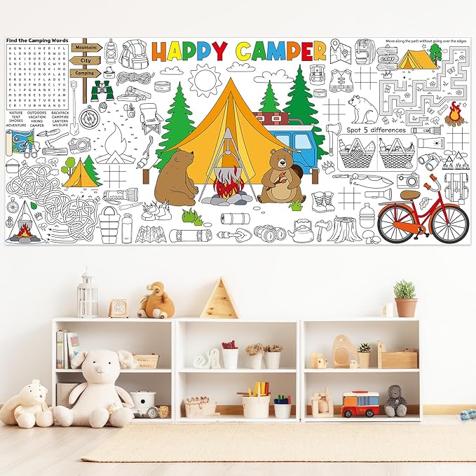 Naozinebi Camping Giant Coloring Poster for Kids Camper Summer Large Coloring Tablecloth Big Paper Sheets Page Camp Table Cloth DIY Activity Game Art Crafts Mat Wall Home Party Decoration Supplies
