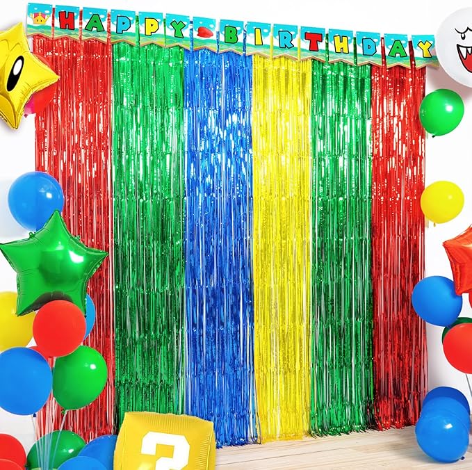 Super Bros Birthday Party Decoration, 4 Pack Red Green Blue Yellow 3.3 x 6.6ft Foil Fringe Curtains Tinsel Photo Booth Props Streamers Backdrop for Video Game Mario Theme Birthday Party Supplies