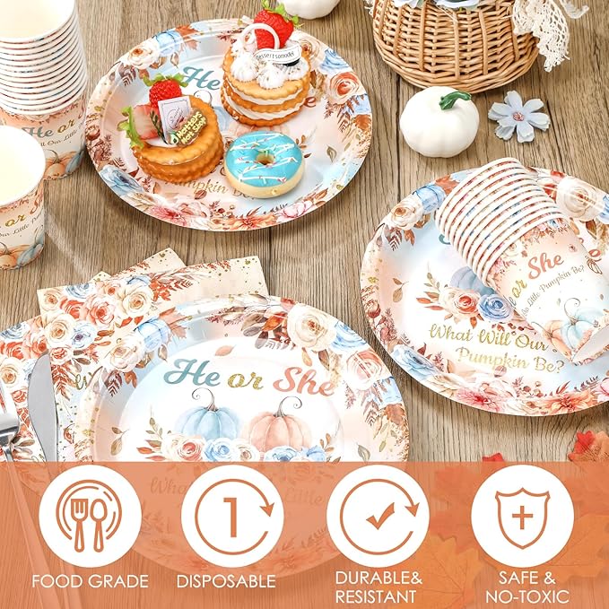 Hushee 200 Pcs Fall Pumpkin Gender Reveal Baby Shower Paper Plates Napkins Cups Baby Shower Party Supplies Tableware Set Disposable Cup Napkin for 50 Guest Party Decoration