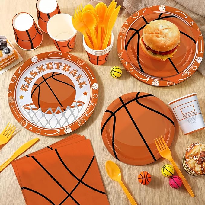 168PCS Basketball Party Supplies for Teenagers Sports Themed Birthday Party Decorations Basketball Team Paper Plates Napkin Cups Forks Knives Tableware for 24 Guests
