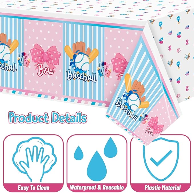 Gender Reveal Table Cover - 3 Packs Sport Baseball or Bow Gender Reveal Disposable Waterproof Plastic Rectangle Table Cloth Gender Reveal Party Favor Decoration Supplies(54x108 Inch)