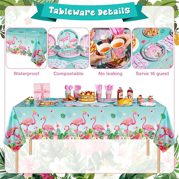 Blosssound 171 Pcs Flamingo Birthday Party Supplies 16 Sets Tropical Hawaiian Party Decorations Include Napkins Plates Cups Spoons Forks Knife Balloons Leaves Backdrop Tablecloth for Girls Boys Kids