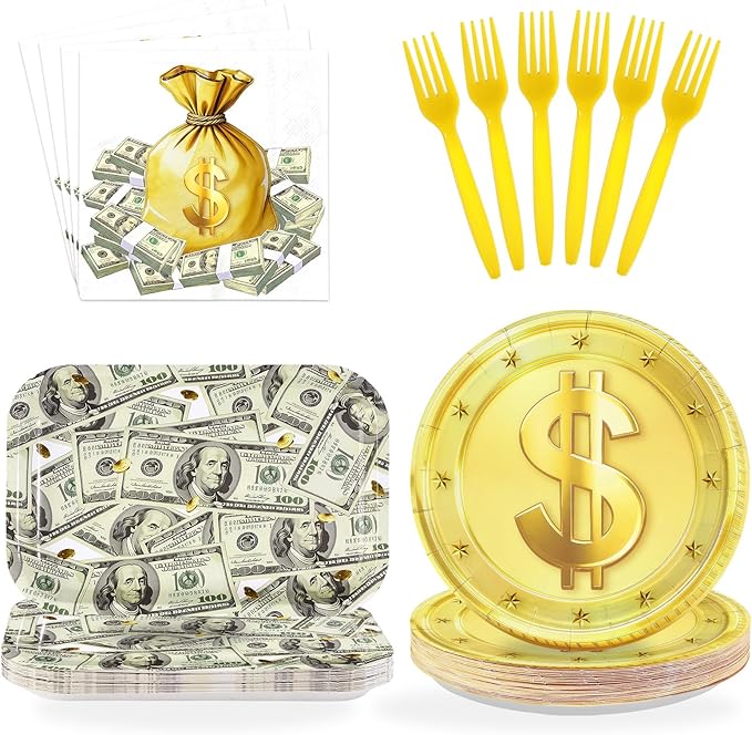 96 Pcs Money Party Decorations Hundred Dollar Bills Paper Plates and Napkins One Hundred Dollar Money Theme Tableware Sets for Birthday Casino Wedding Bachelorette Anniversary Party Supplies Serves 24