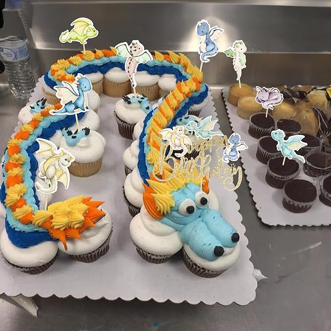 Ephlyn 37Pcs Dragon Party Cupcake Toppers Dragon Birthday Party Cake Topper Decorations Fantasy Dragon Cake Decorations for Flying Dragon Baby Shower Supplies