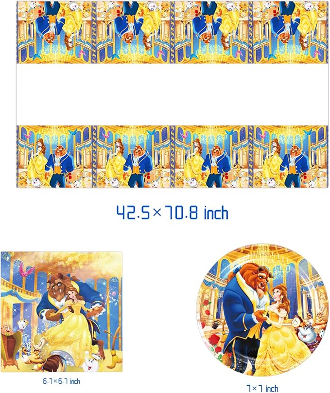 Beauty and The Beast Party Decorations(Serves 20), Princess Belle Birthday Party Tableware with Banner, Tablecloth, 20 Disposable 7" Paper Plates with Napkins for Kids Fans Birthday Party Decorations