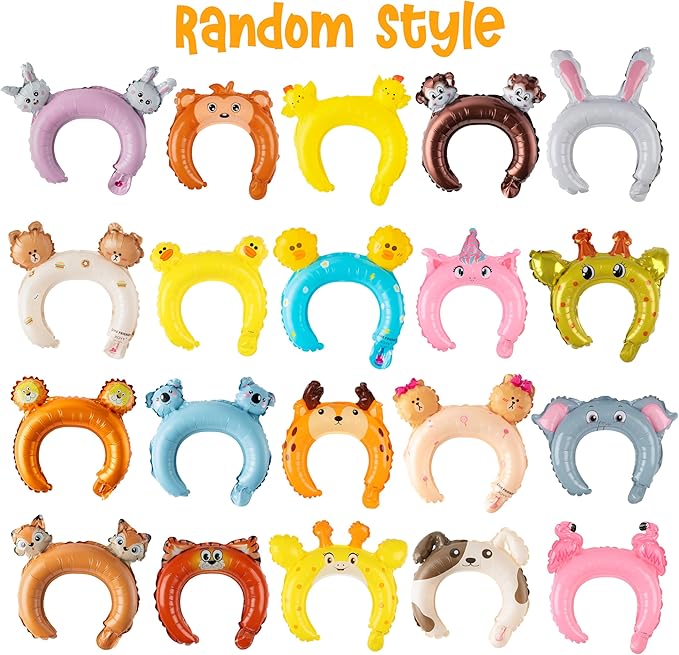 MALLMALL6 100p Zoo Animal Inflatable Headbands Wildlife Balloon Hair Hoop Include Forest Safari Farm Animals Jungle Theme Birthday Party Supplies with Animal Stickers Party Favors Costumes for Kids