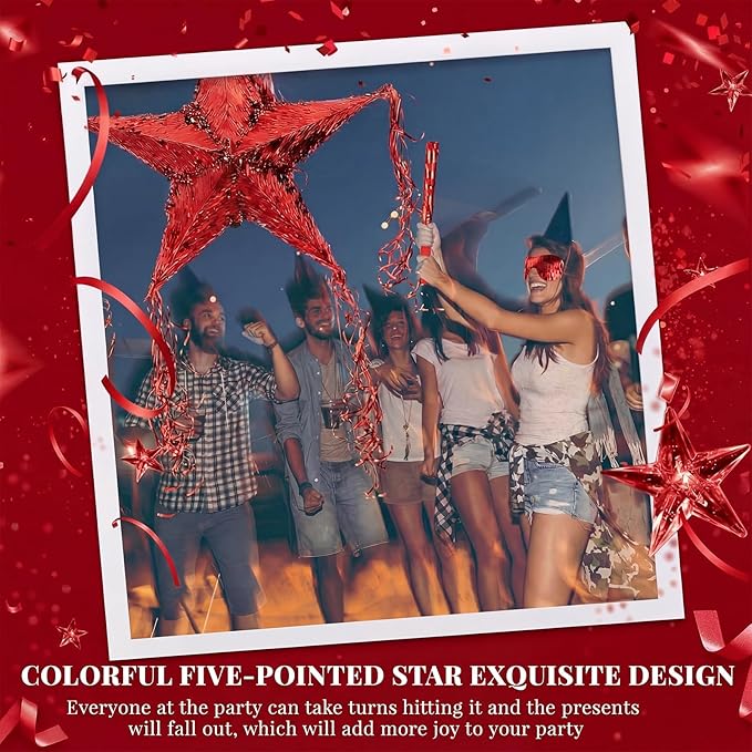 Hanaive Foil Star Piñata with Blindfold and Bat for Birthday Foldable Star Shape Piñata with Stick Festive Fiesta Party Supplies Favors for Mexican Party(Red)