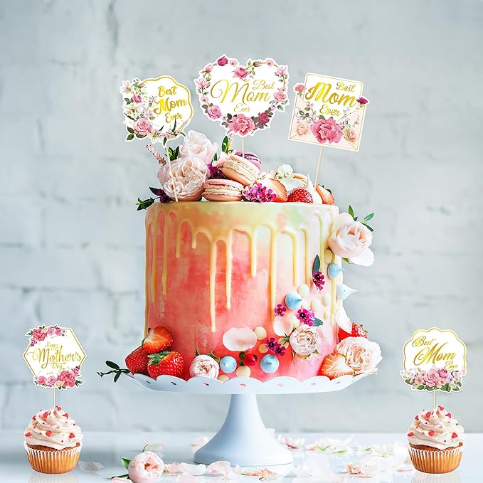 24 Pcs Gold Foil Mothers Day Cake Toppers Set, Happy Mothers Day Topper for Flowers and Cakes, Mothers Day Cake Decor with Glittering Greetings, Mother's Day Cake Picks from Recyclable Paper