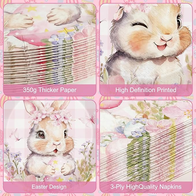 150 Pcs Easter Paper Plates and Napkins Sets Party Supplies - Disposable Cute Pink Plaid Easter Bunny Eggs Dinner Plate Napkin Paper Tableware for Spring Easter Table Decorations Party Supply,Serve 50