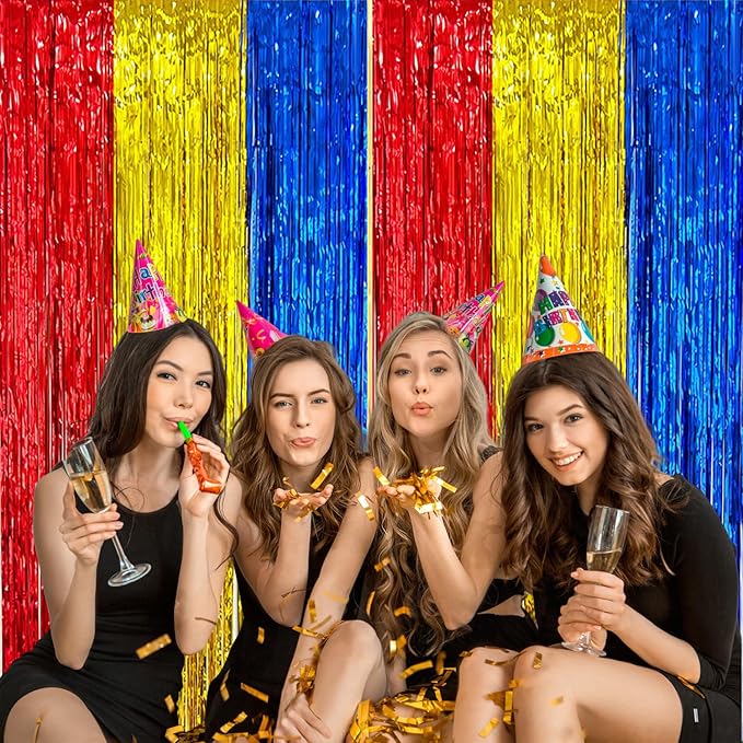 2 Pack Construction Foil Fringe Curtains, 3.3x6.6 Ft Blue Red and Gold Tinsel Backdrop Party Decorations Door Streamers for Birthday House Doorway Room,Photo Booth Props, Party Supplies