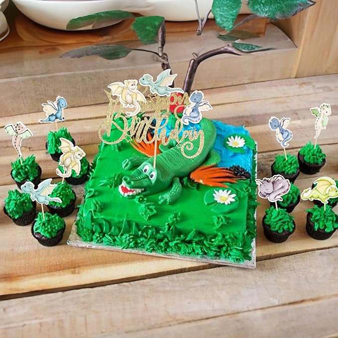 Ephlyn 37Pcs Dragon Party Cupcake Toppers Dragon Birthday Party Cake Topper Decorations Fantasy Dragon Cake Decorations for Flying Dragon Baby Shower Supplies