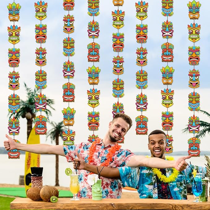 Pasimy 8 Pieces Hawaiian Party Decorations Hawaiian Tiki Hanging Banner Aloha Luau Garlands Banners for Summer Tropical Theme Birthday Party Supplies