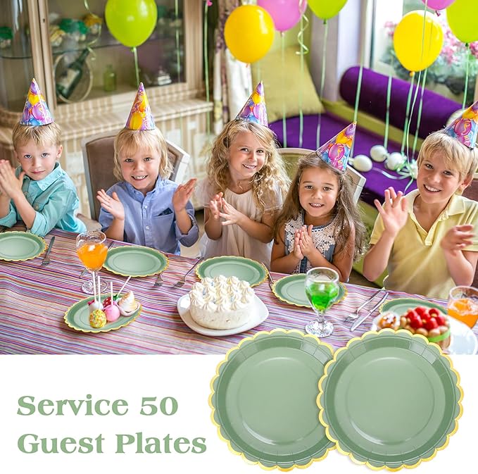 Maxcheck 50 Pcs Sage Green Scalloped Paper Plates with Gold Foil 9 Inches Disposable Party Plates Decorative for Cake Dessert Birthday Baby Shower Wedding Party Supplies