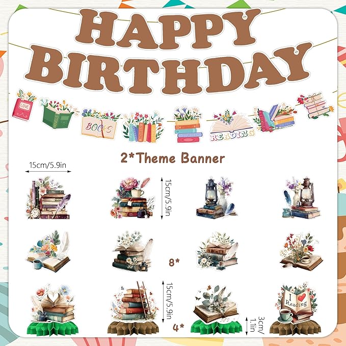Book Birthday Party Decorations Banner - 15 Pcs One For The Books Birthday Theme Banner Garland Swirls Storybook Honeycomb Centerpieces Table Decor For Reading Library Club Book Party Supplies
