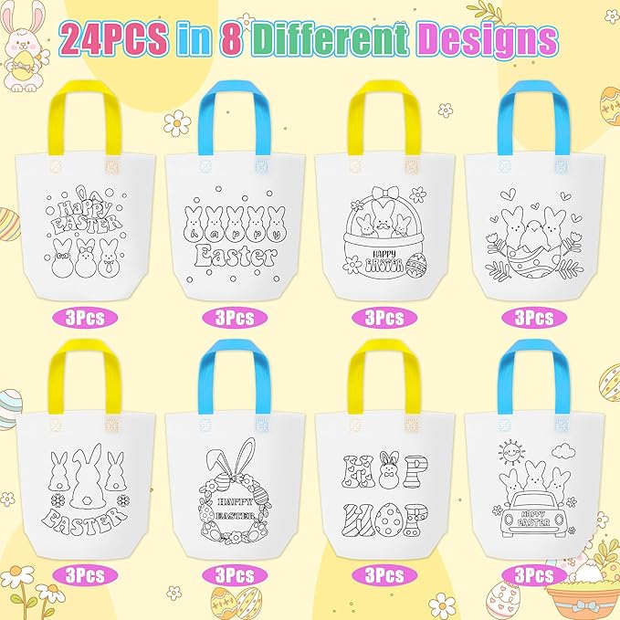 Easter Coloring Goodie Bags for Kids - 24Pcs Bunny Bulk Color Your Own Gift Bags with Handle Colorful Rabbit Reusable Non Woven Coloring Tote Packet for Spring Easter Holiday Party DIY Painting Favors