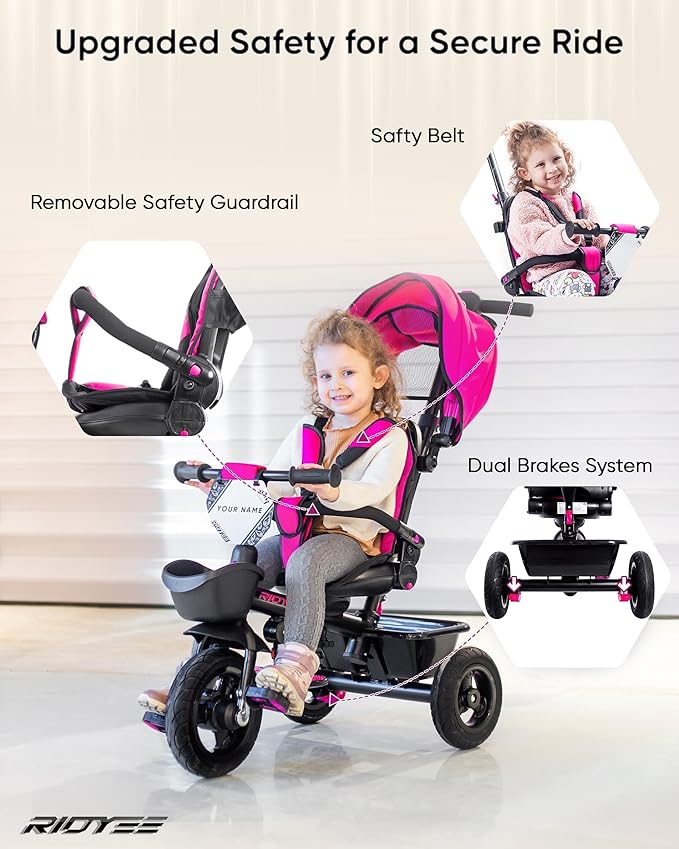 7-in-1 Tricycle for 18 Months to 5 Years, All-Terrain Rubber Tires, Dual Wheel Brakes, Rotatable Seat for Toddlers 1.5-3, Tricycle for 3-5 Years with DIY Stickers, Pink