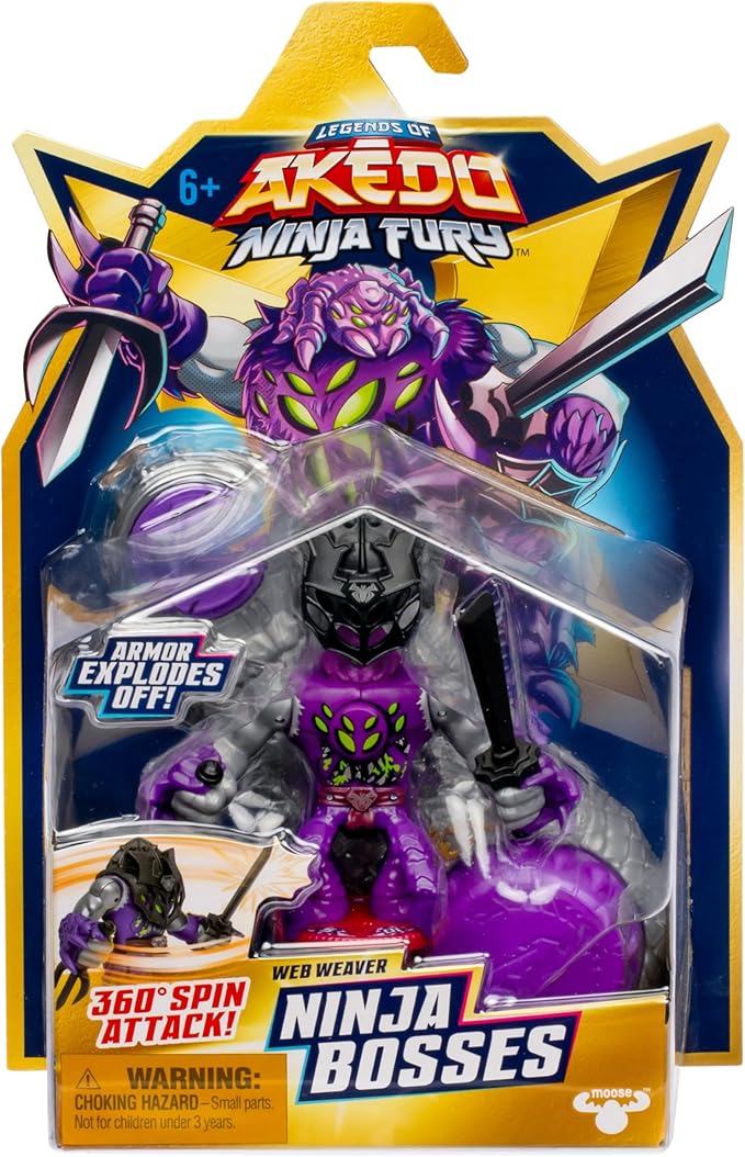 Legends of Akedo Ninja Bosses, Web Weaver, 3" Tall Battling Action Figure with 360˚ Blade Defense & Attack Spin Action, Double Defense Armor That Pops Off When Struck, 4 Ninja Bosses to Collect
