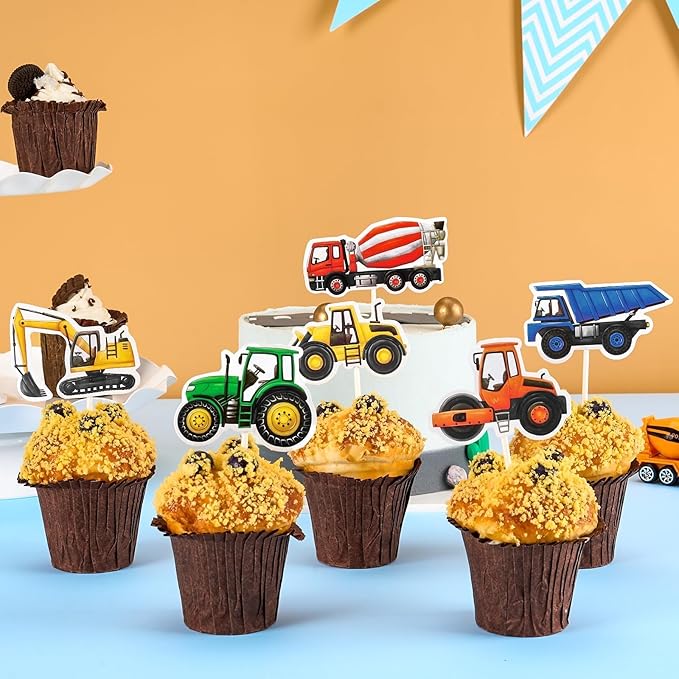 WERNNSAI 40 Pcs Construction Cupcake Toppers - Construction Birthday Party Supplies Truck Excavator Cake Toppers Picks for Kids Birthday Baby Shower Party Supplies