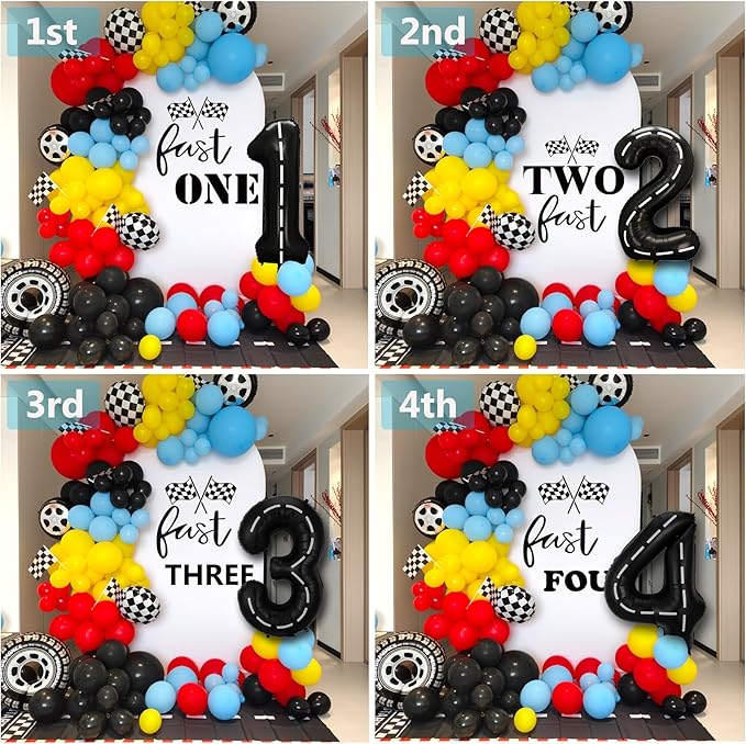 Race Car Birthday Party Balloons Arch Kit,179pcs Race Car Party Decorations Red yellow black and blue & Checkered Flag & Wheels Foil Balloon for Boys Racing car Theme Two Fast Party Supplies