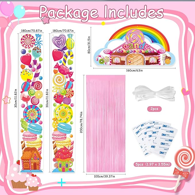 Crenics Candyland Party Decorations, 3Pcs Candyland Door Covers with Foil Fringe Curtain for Kids Candy Land Party Supplies
