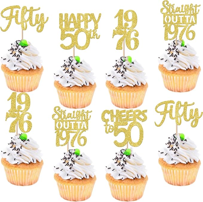 30PCS Happy 50th Birthday Cupcake Toppers Gold Glitter Fifty Straight Outta 1976 Cupcake Picks Cheers to 50 Years Cake Decorations for 50th Birthday Anniversary Party Decoration Supplies