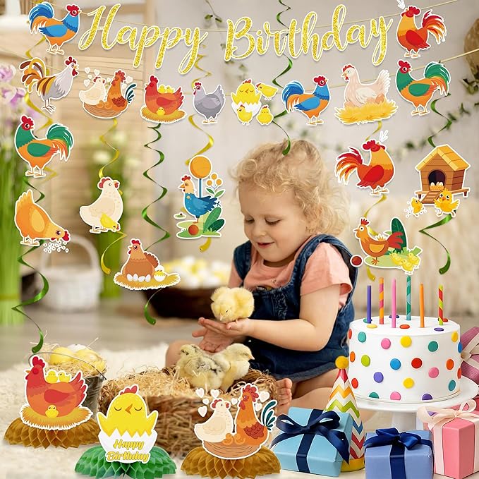 Chicken Birthday Party Decorations Include Chicken Happy Birthday Glitter Banners Hanging Swirls Honeycomb Centerpieces Chick Farm Animal Birthday Theme Party Supplies