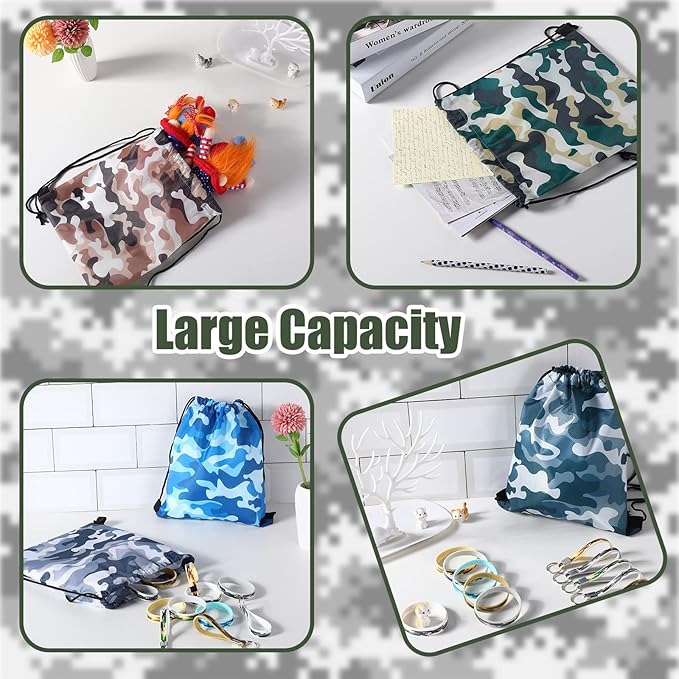 36 Pcs Tie Dye Party Favors Camouflage Drawstring Bag Bulk Camouflage Military Rubber Keychain Silicone Bracelet for Goodie Bag Stuffers Fillers Summer Camping Birthday Party Supplies(Classic Camo)