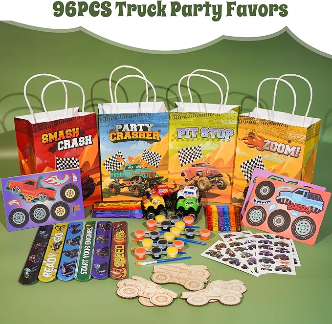 96pcs Truck Party Favors, Car Themed Birthday Party Supplies Including Truck Toys Slap Bracelets Bubble Wands DIY Stickers Painting Kits, Birthday Decorations Classroom Rewards for Kids