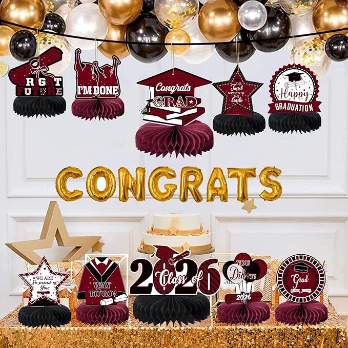 10PCS Graduation Party Decorations Class of 2026 Congrats Grad Table Centerpieces Congratulate Graduation Honeycomb Table Toppers for Graduation Party Supplies(Maroon Black)