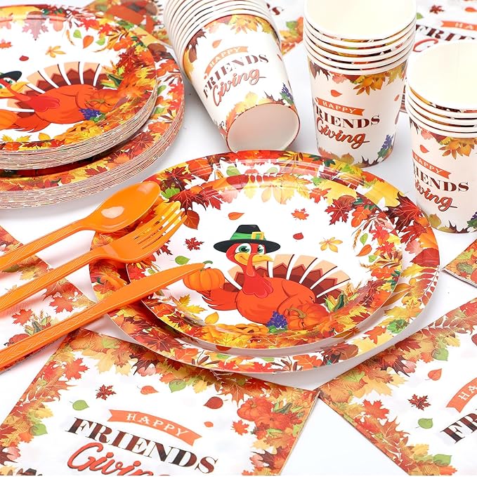 168 Pcs Thanksgiving Party Supplies Disoposable Friendsgiving Tableware Set Turkey Paper Plates and Pumpkin Leaf Cups and Napkins for Fall Thanksgiving Friendsgiving Party Decorations