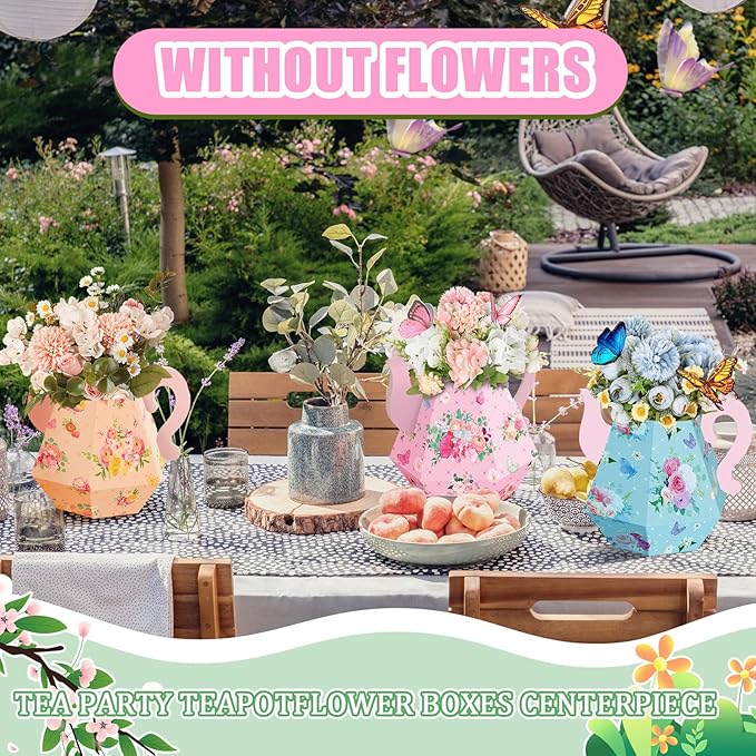 Fulmoon 6 Pcs Tea Party Decorations 6.7'' Flower Box Table Paper Teapot Princess Centerpiece Vase Table Decor Wonderland Fancy Party Decor for Floral Tea Birthday Baby Shower Wedding (Cute)
