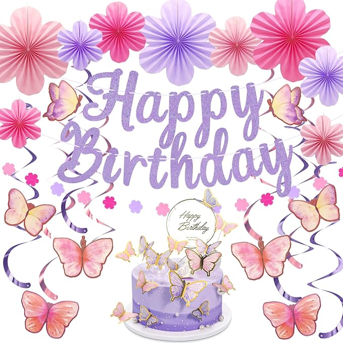 Butterfly Birthday Decorations Party Supplies with Pre-strung Happy Birthday Banner,Flower Garland,Cake Cupcake Toppers,Hanging Swirls, Paper Fan Spring-themed Decor Pack for Women Girls