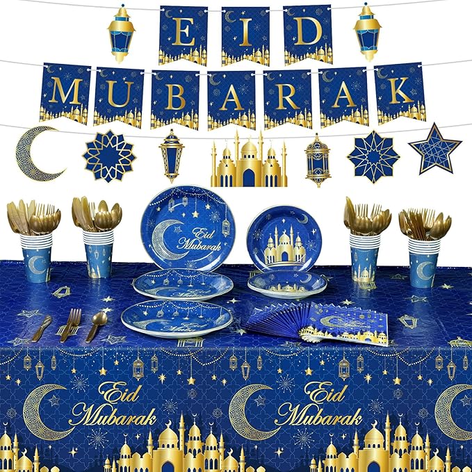 Nuanchu 172 Pcs Eid Mubarak Party Decorations Ramadan Kareem Party Supplies 9" Plates 7" Plates Cups Cutlery Napkins 2 Tablecloths 2 Eid Mubarak Banner for Muslim Islamic Al Fitr , Serves 24